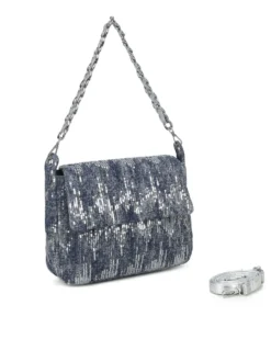 RIFLE - Borsa ad un manico in denim con patta e paillettes argentate, tracolla removibile