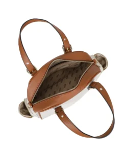 RIFLE - Borsa a mano beige/cuoio con tasche laterali e fibbie sui manici, tracolla removibile