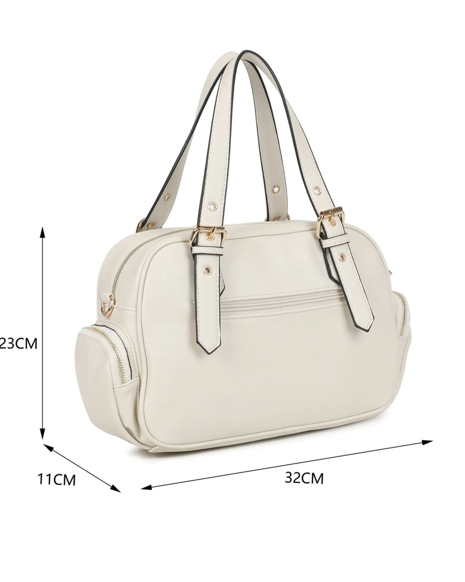 RIFLE - Borsa a mano naturale con tasche laterali e fibbie sui manici, tracolla removibile