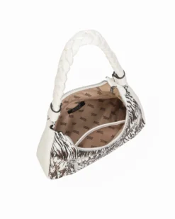 RIFLE - Borsa a spalla animalier bianca con manico intrecciato, tracolla removibile
