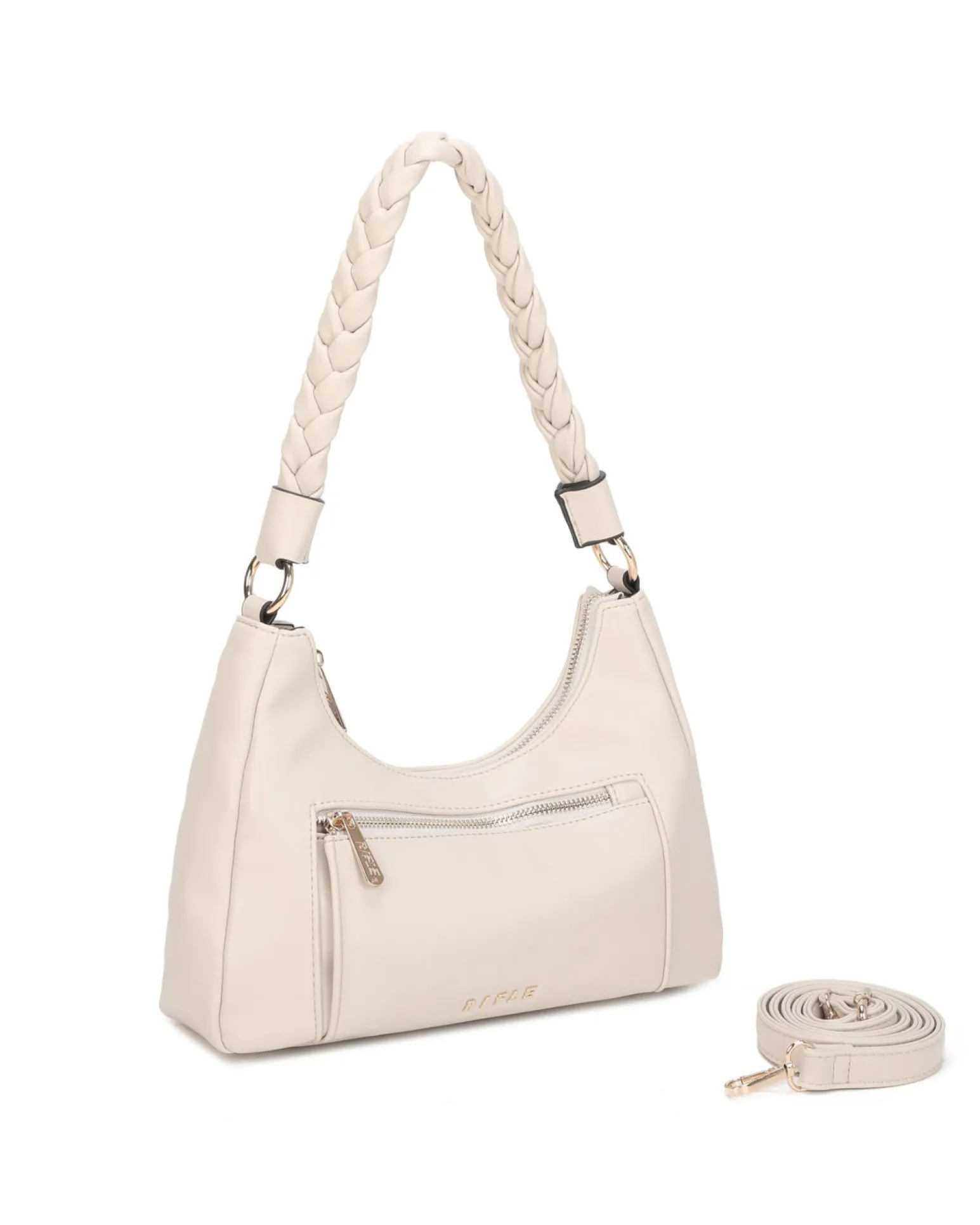 RIFLE - Borsa a spalla beige con manico intrecciato, tracolla removibile