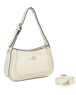 RIFLE - Borsa a spalla beige con dettaglio intreccio frontale, tracolla removibile