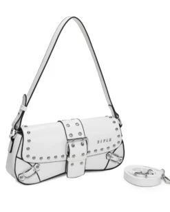 RIFLE - Borsa a spalla bianca con patta, fibbie e borchie, tracolla removibile