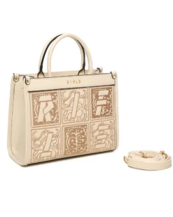 RIFLE - Borsa due manici beige con tasca posteriore e parte frontale decorata, tracolla removibile