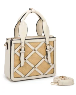 RIFLE - Borsa due manici beige con tasca frontale trama intreccio con punti luce, tracolla removibile