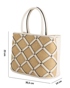 RIFLE - Borsa due manici beige con parte frontale in paglia, tracolla removibile