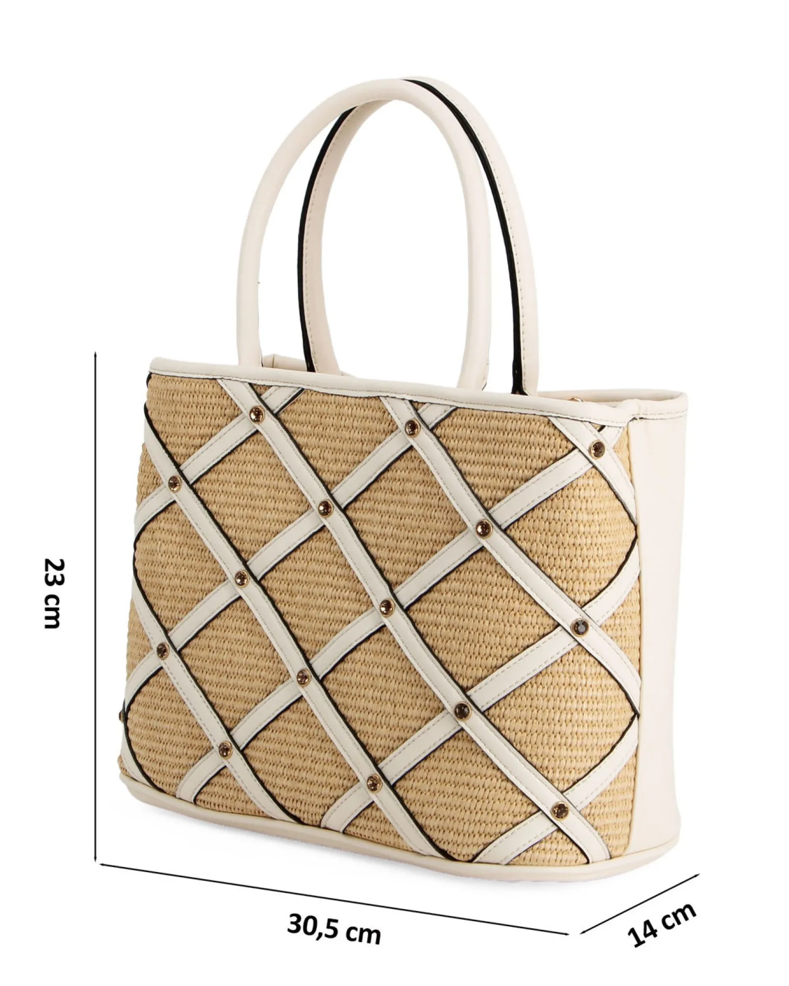 RIFLE - Borsa due manici beige con parte frontale in paglia, tracolla removibile