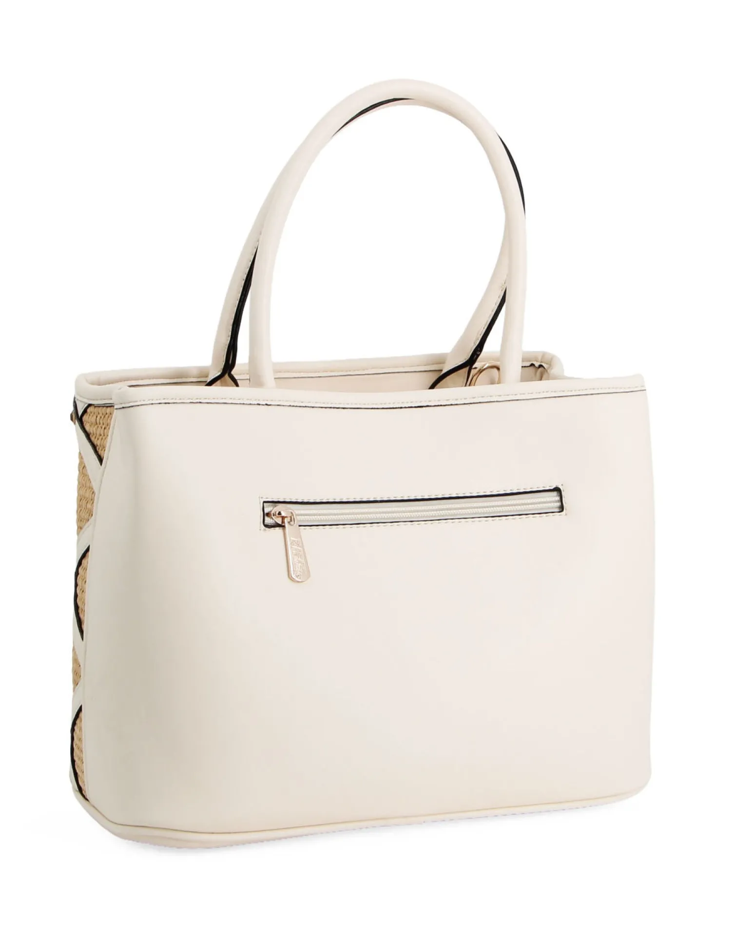 RIFLE - Borsa due manici beige con parte frontale in paglia, tracolla removibile