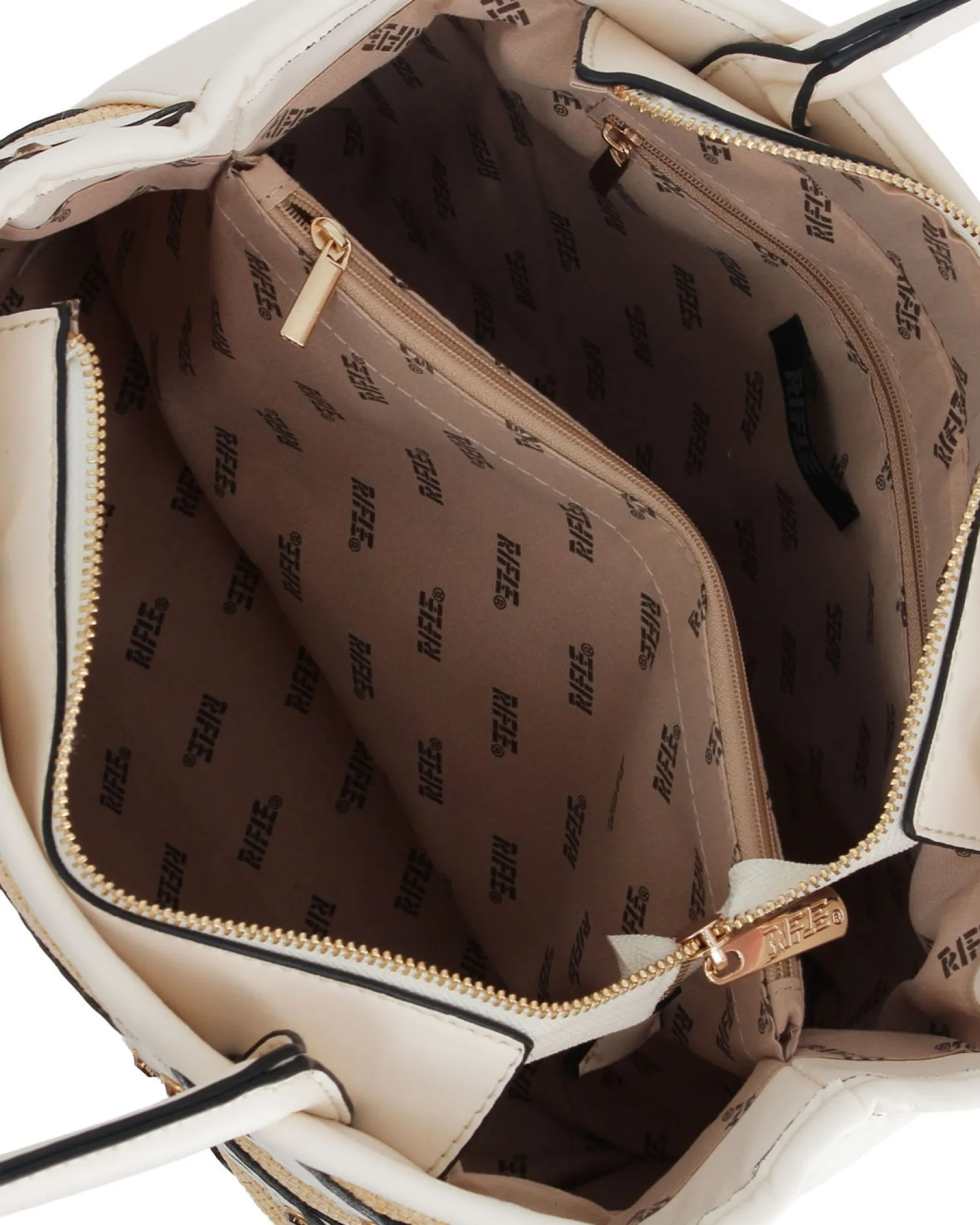 RIFLE - Borsa due manici beige con parte frontale in paglia, tracolla removibile