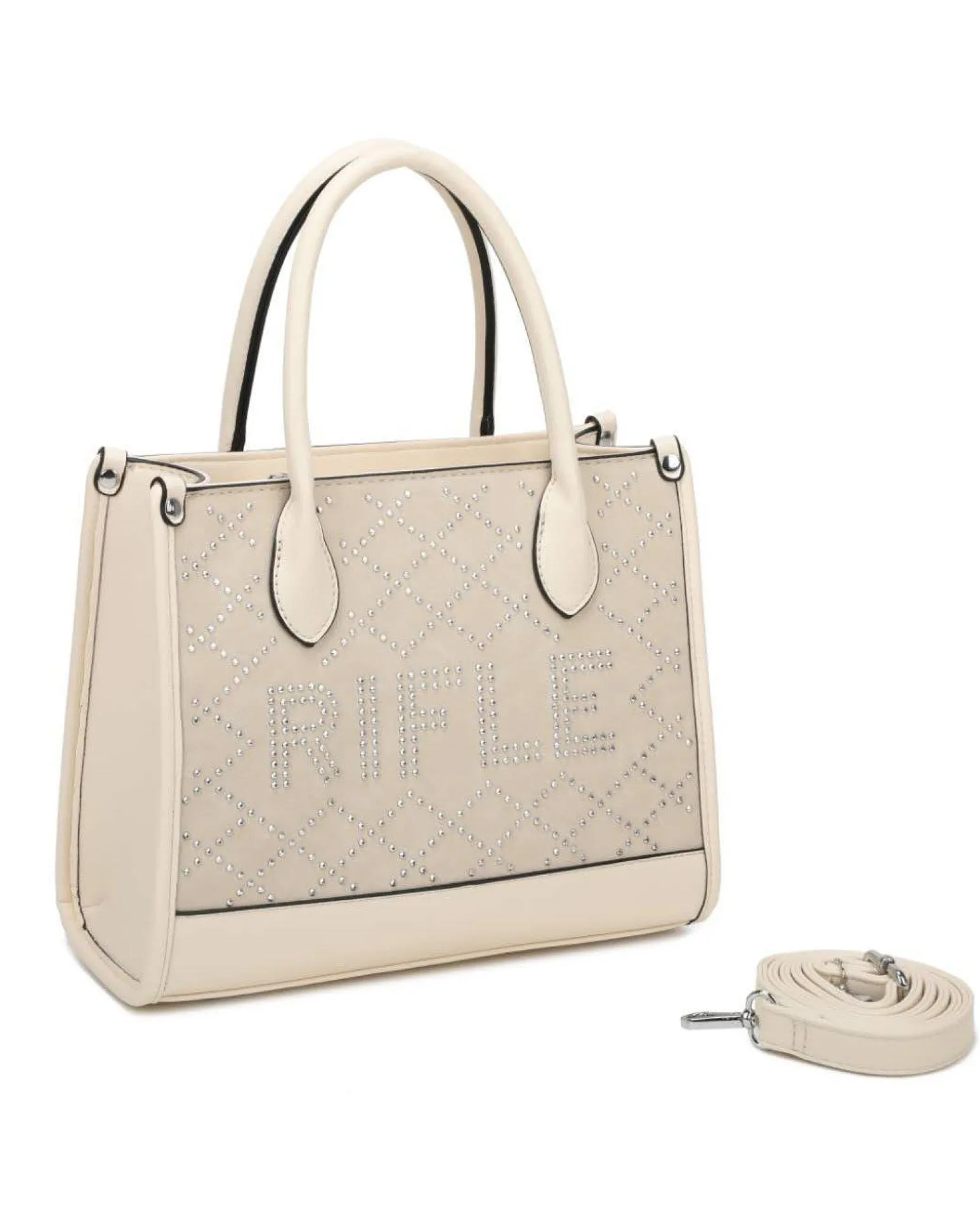 RIFLE - Borsa due manici beige con tasca posteriore e strass, tracolla removibile
