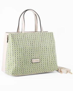RIFLE - Borsa due manici verde con parte frontale intrecciata, tasca posteriore e tre scomparti interni, tracolla removibile