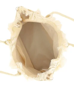 RIFLE - Borsa mare in tessuto beige con frange e logo bianco sul davanti, tracolla removibile