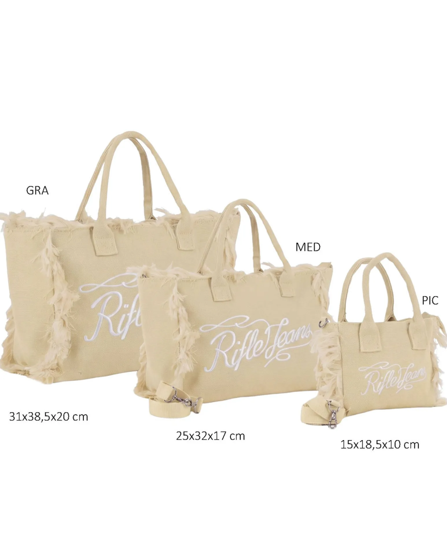 RIFLE - Borsa mare in tessuto beige con frange e logo bianco sul davanti, tracolla removibile