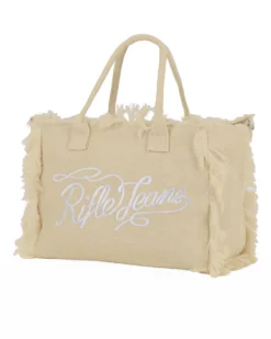 RIFLE - Borsa mare in tessuto beige con frange e logo bianco sul davanti, tracolla removibile