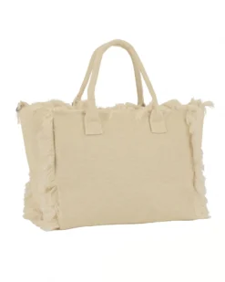 RIFLE - Borsa mare in tessuto beige con frange e logo bianco sul davanti, tracolla removibile