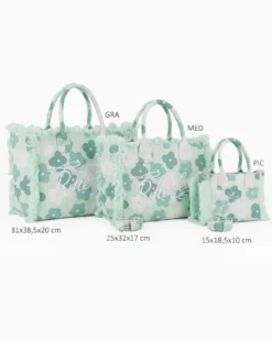 RIFLE - Borsa mare in tessuto verde con stampa floreale e bordi sfrangiati, tracolla removibile