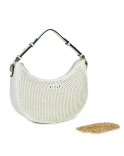RIFLE - Borsa mezzaluna a spalla bianca con borchie oro, tracolla a catenina removibile
