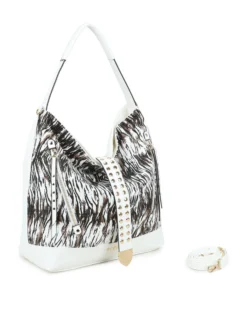 RIFLE - Borsa sacca animalier bianca con tasche frontali e mini pattina con borchie, tracolla removibile