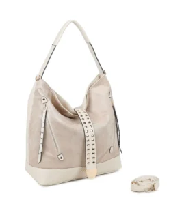 RIFLE - Borsa sacca beige con tasche frontali e mini pattina con borchie, tracolla removibile