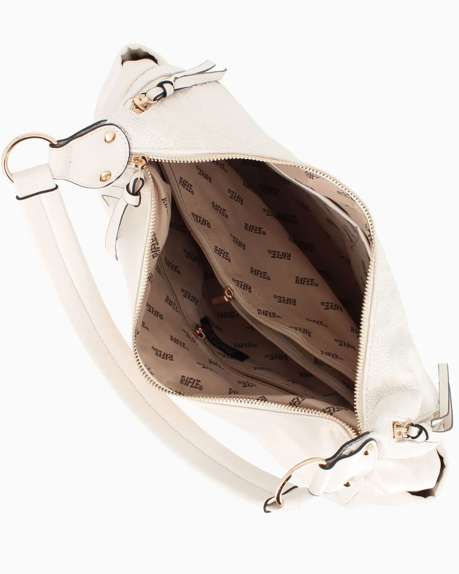 RIFLE - Borsa sacca beige logata con zip frontali, vericali e tasche laterali, tracolla removibile