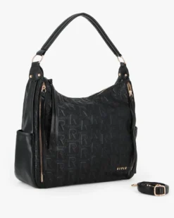 RIFLE - Borsa sacca nera logata con zip frontali, vericali e tasche laterali, tracolla removibile