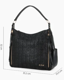 RIFLE - Borsa sacca nera logata con zip frontali, vericali e tasche laterali, tracolla removibile