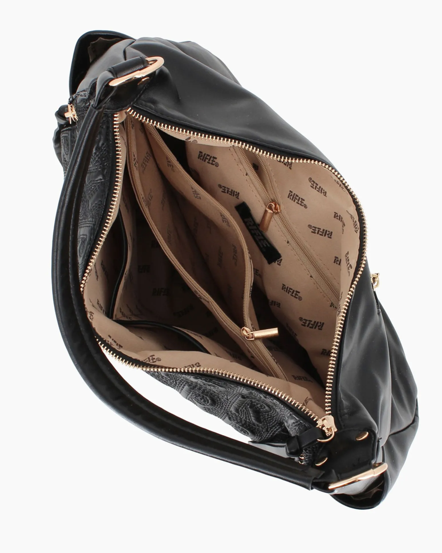 RIFLE - Borsa sacca nera logata con zip frontali, vericali e tasche laterali, tracolla removibile
