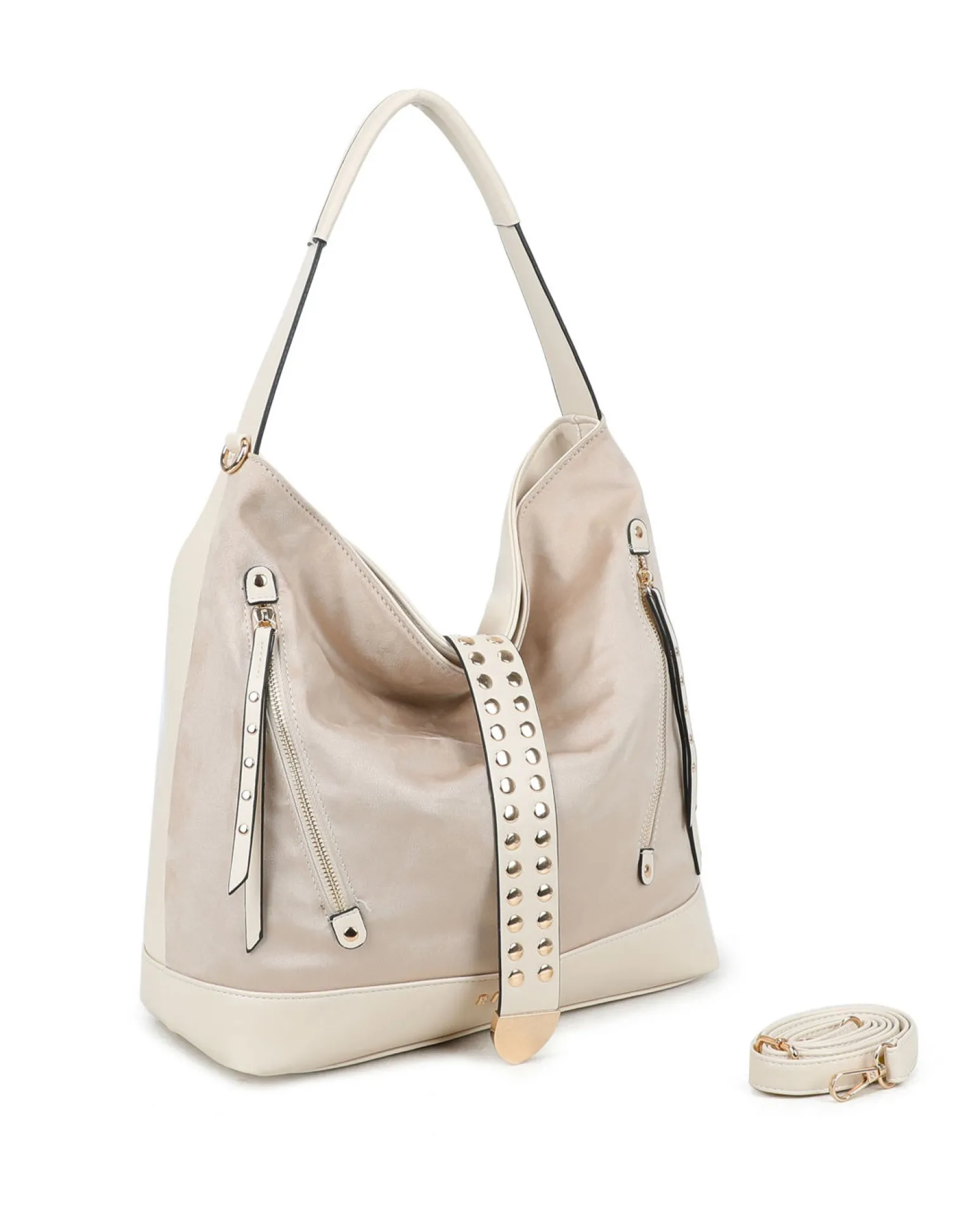 RIFLE - Borsa sacca nude con tasche frontali e mini pattina con borchie, tracolla removibile