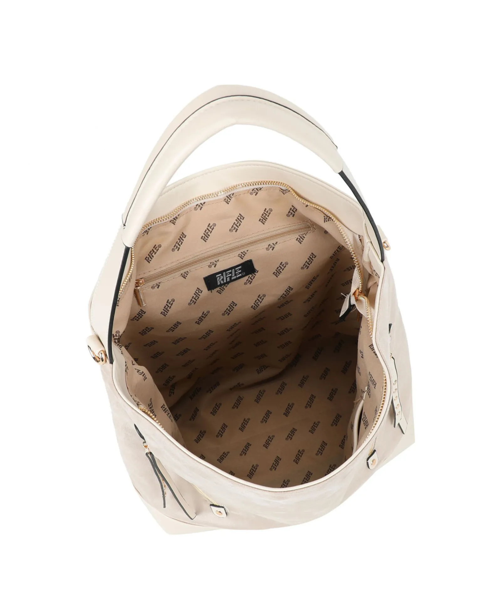 RIFLE - Borsa sacca nude con tasche frontali e mini pattina con borchie, tracolla removibile