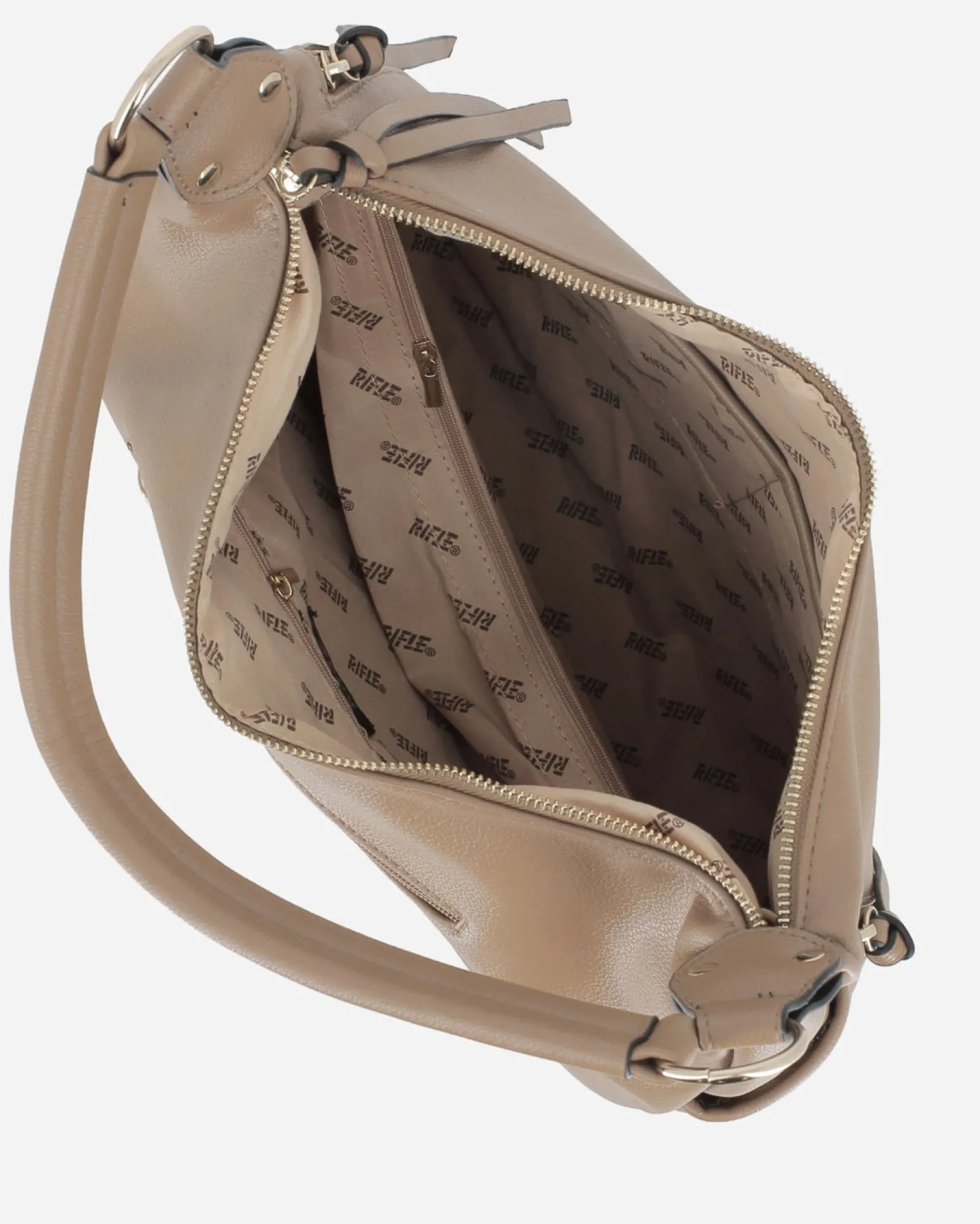 RIFLE - Borsa sacca taupe con zip frontali verticali e tasche laterali, tracolla removibile