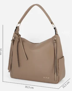 RIFLE - Borsa sacca taupe con zip frontali verticali e tasche laterali, tracolla removibile