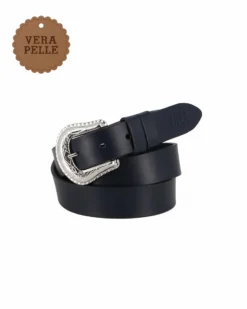 RIFLE - Cinta da donna blu in VERA PELLE con fibbia lavorata - MADE IN ITALY