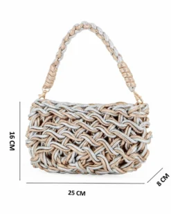 RIFLE - Minibag ad un manico in corda intrecciata champagne e argento , tracollina removibile