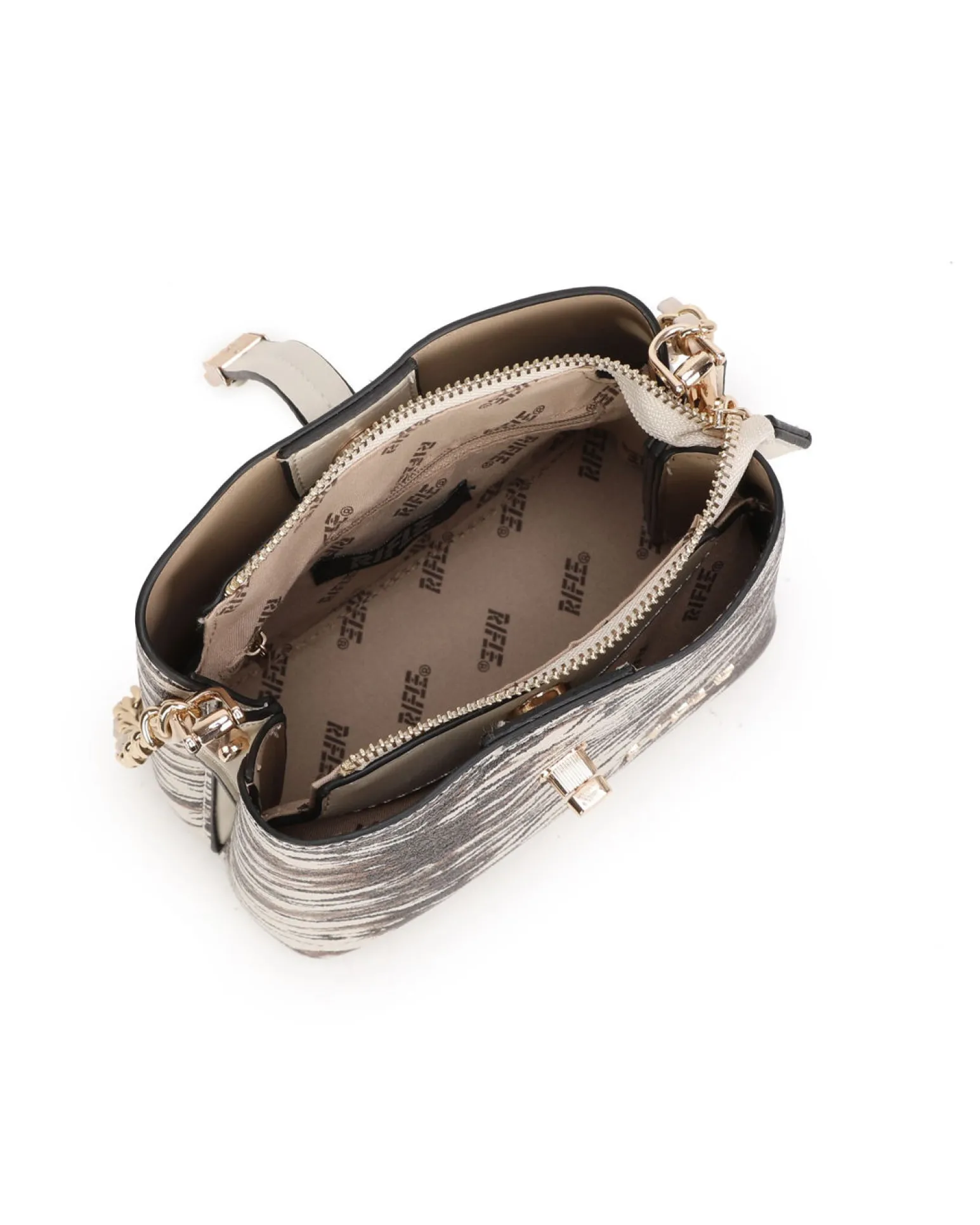 RIFLE - Minibag animalier beige con tre scomparti principali e pattina con chiusura a girello, tracolla removibile