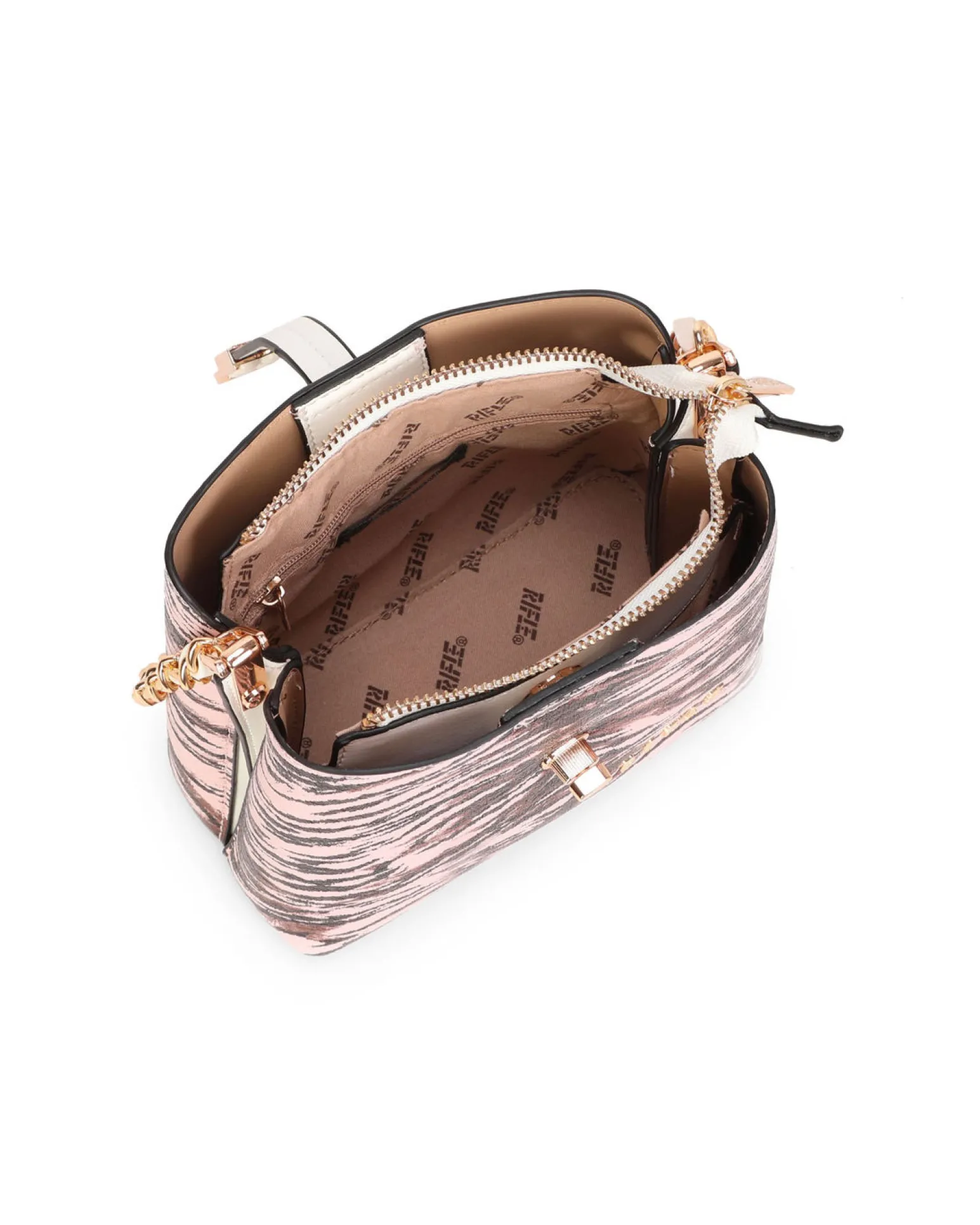 RIFLE - Minibag animalier rosa con tre scomparti principali e pattina con chiusura a girello, tracolla removibile