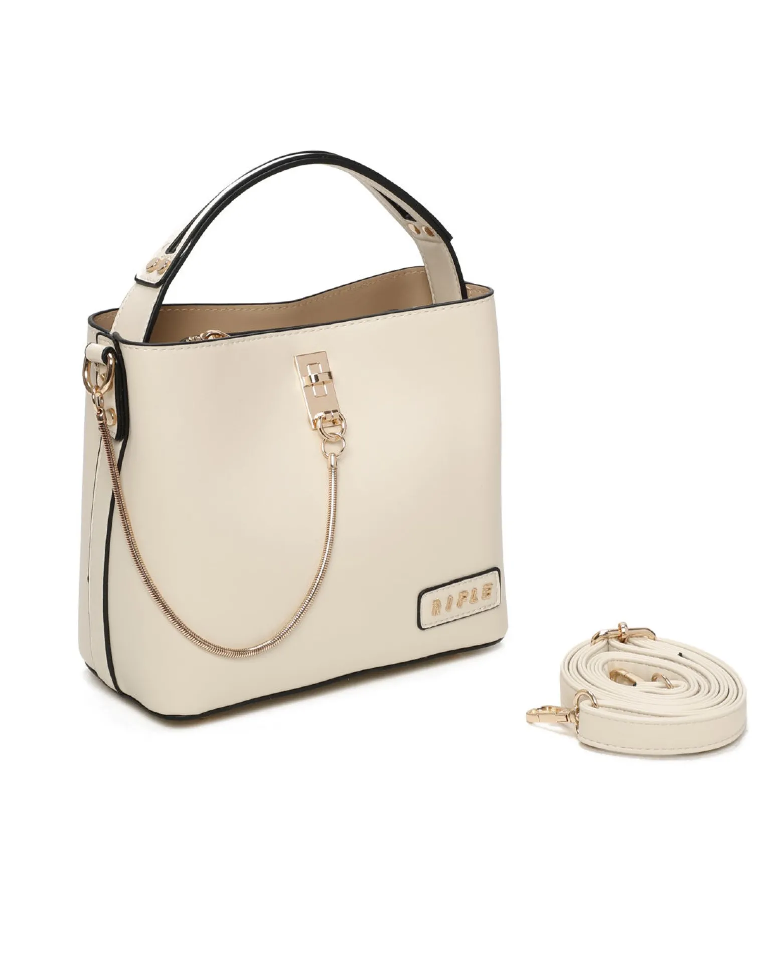 RIFLE - Minibag beige con tre scomparti principali e dettaglio catenina, tracolla removibile
