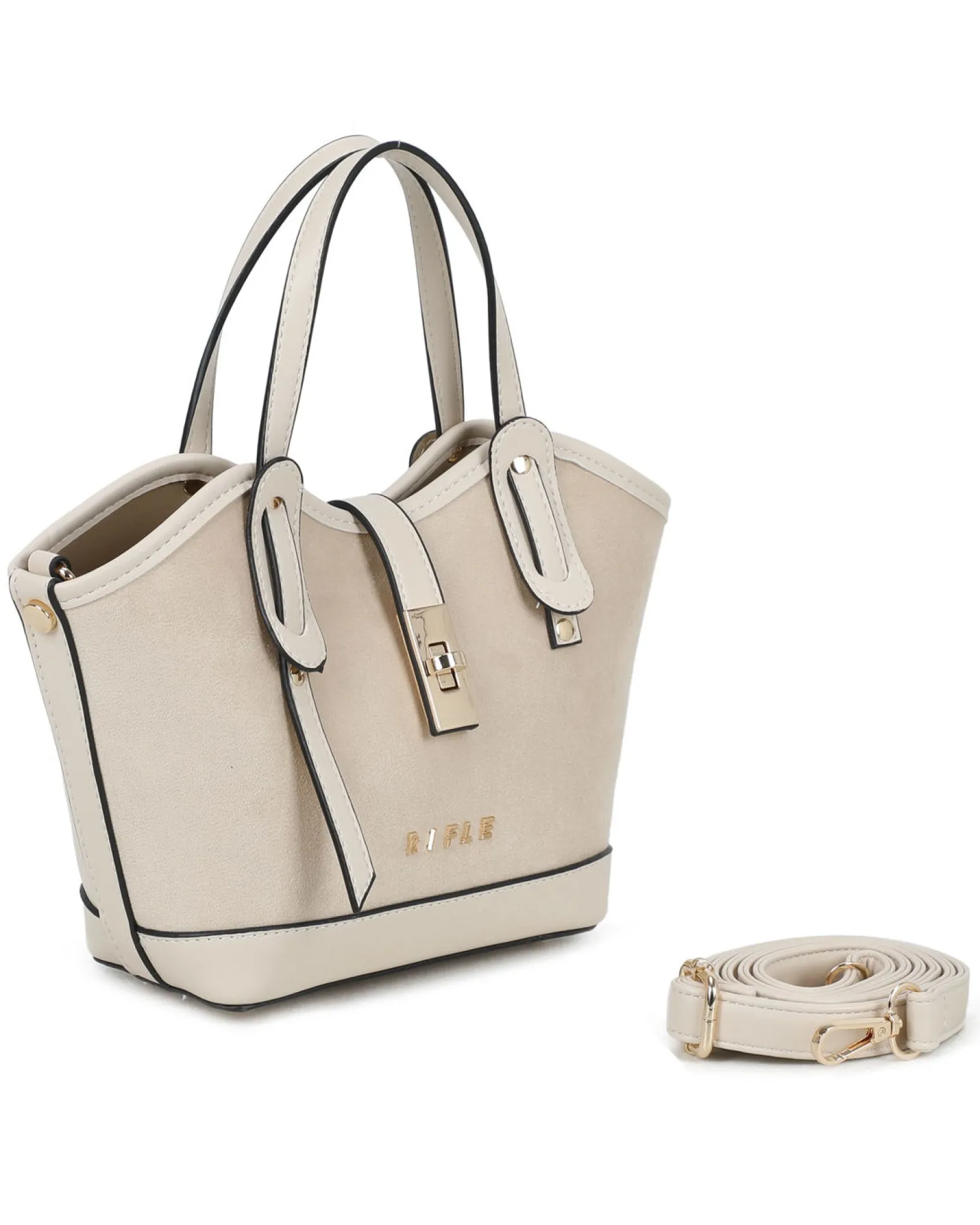 RIFLE - Minibag beige scamosciata con pattina e chiusura a girello, tracolla removibile