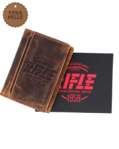 RIFLE - Portafoglio uomo cognac con logo frontale e ribaltina in VERA PELLE