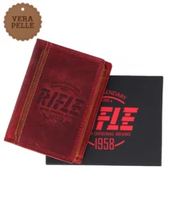 RIFLE - Portafoglio uomo rosso con logo frontale e ribaltina in VERA PELLE