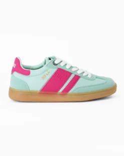 RIFLE - Sneakers verde acqua da donna con patch posteriore e bande laterali fuxia