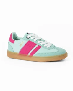 RIFLE - Sneakers verde acqua da donna con patch posteriore e bande laterali fuxia