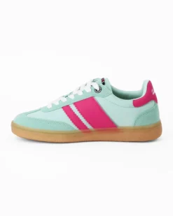 RIFLE - Sneakers verde acqua da donna con patch posteriore e bande laterali fuxia