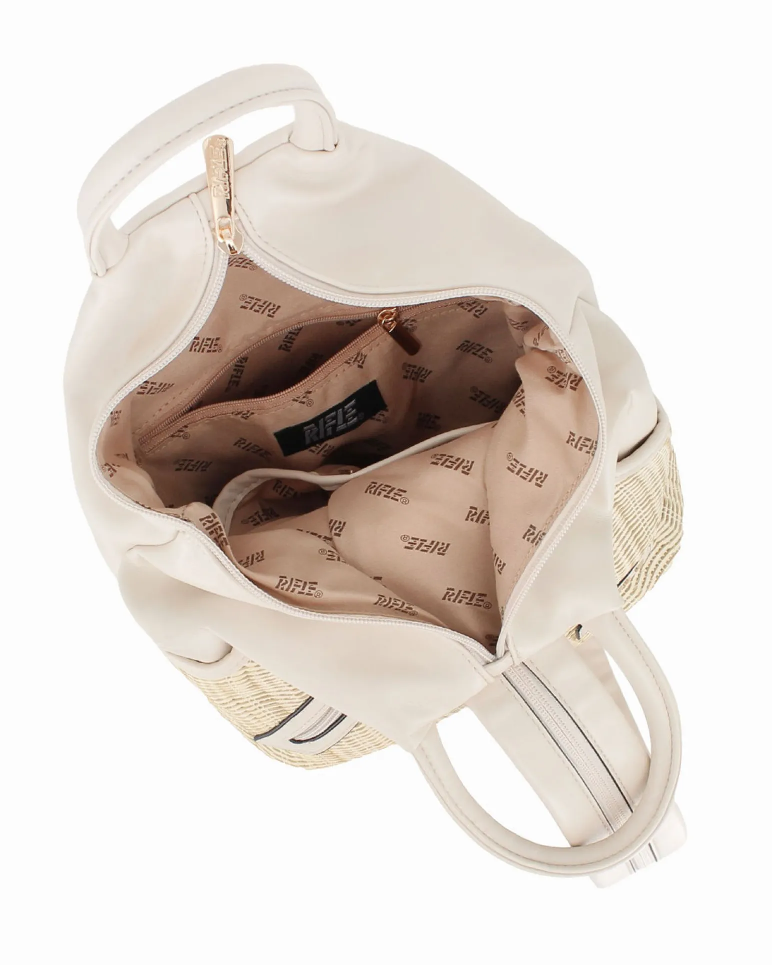 RIFLE - Zaino beige due manici con tasca frontale effetto paglia e spalline regolabili con zip