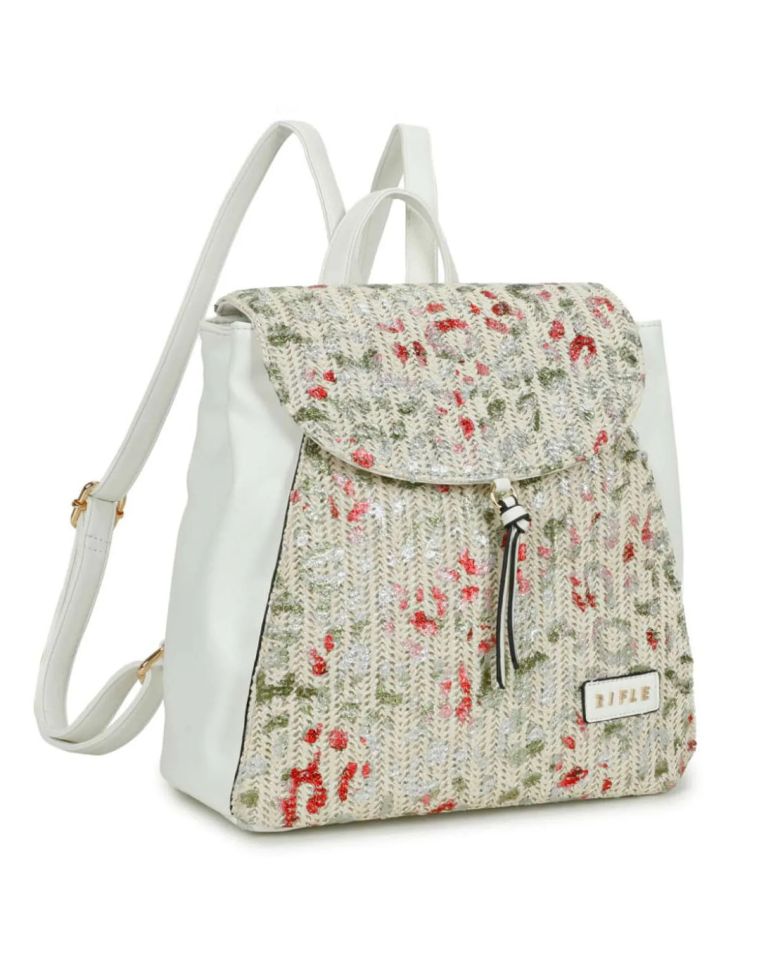 RIFLE - Zaino bianco con parte frontale maculata multicolor in paglia, patta e tasca posteriore