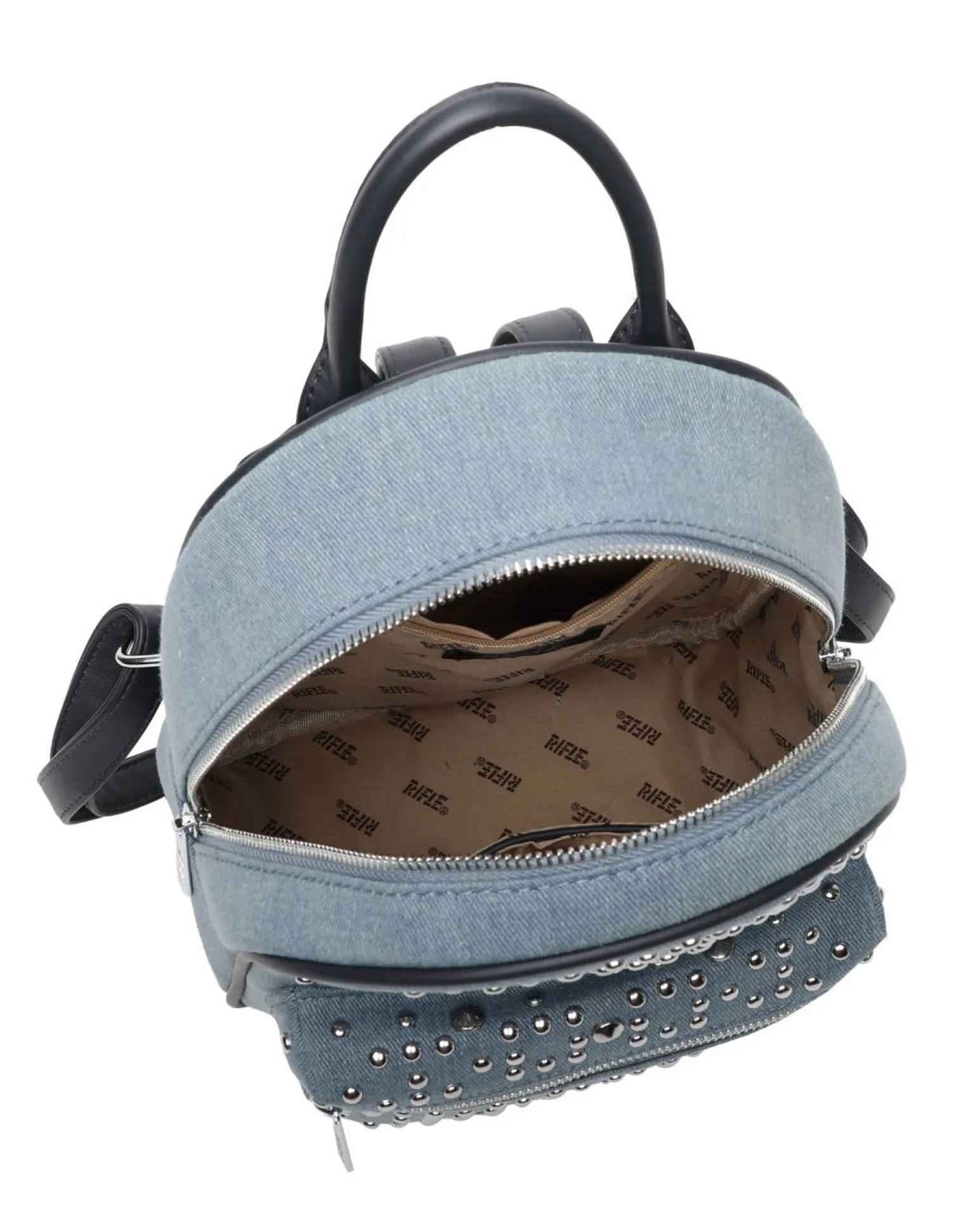 RIFLE - Zaino blu jeans con tascone frontale e borchie oro