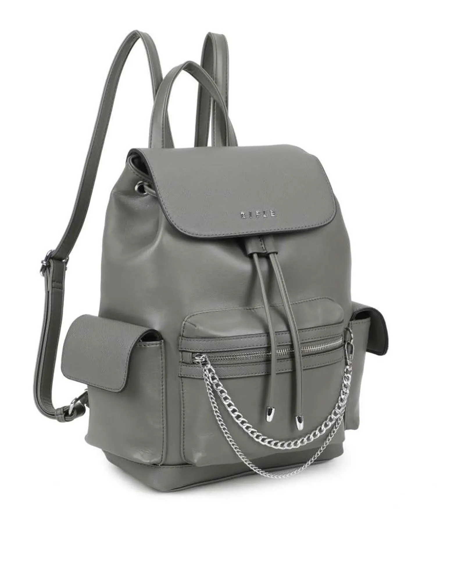 RIFLE - Zaino grigio multitasche con coulisse e patta, dettaglio catenina
