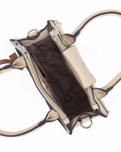 SERGIO TACCHINI - Borsa due manici beige con tasca frontale e tre scomparti interni, tracolla e ciondolo portachiavi removibili