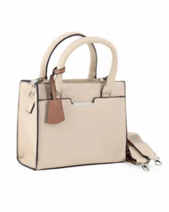SERGIO TACCHINI - Borsa due manici beige con tasca frontale e tre scomparti interni, tracolla e ciondolo portachiavi removibili