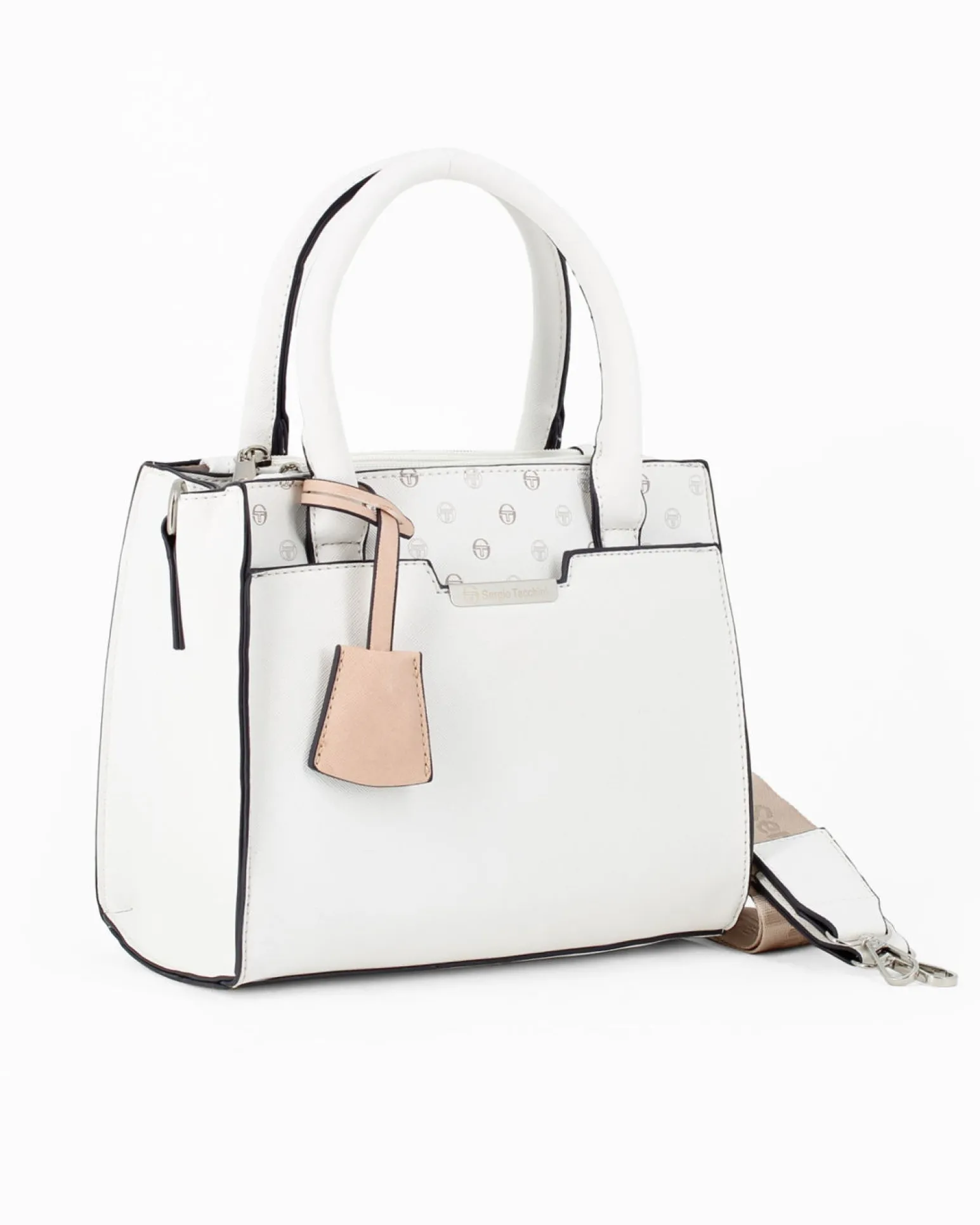 SERGIO TACCHINI - Borsa due manici bianca con tasca frontale e tre scomparti interni, tracolla e ciondolo portachiavi removibili