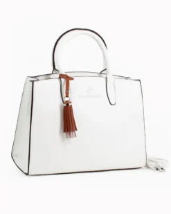 SERGIO TACCHINI - Borsa due manici bianca con pennacchio a frange e tre scomparti principali, tracolla removibile
